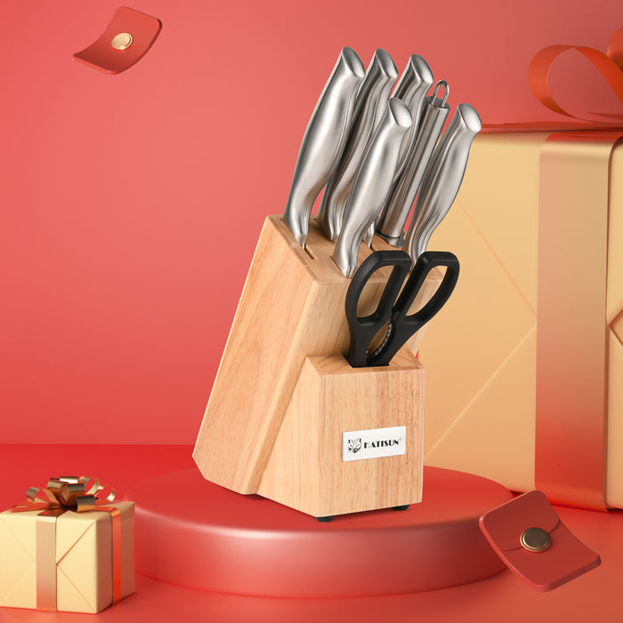 8 Piece German Steel Knife Set With Block, Ergonomic Handle Chef Knives