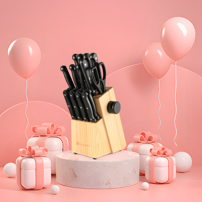 19-Piece German Steel Knife Set with Black Block,Dishwasher Safe, Anti-Slip Handle