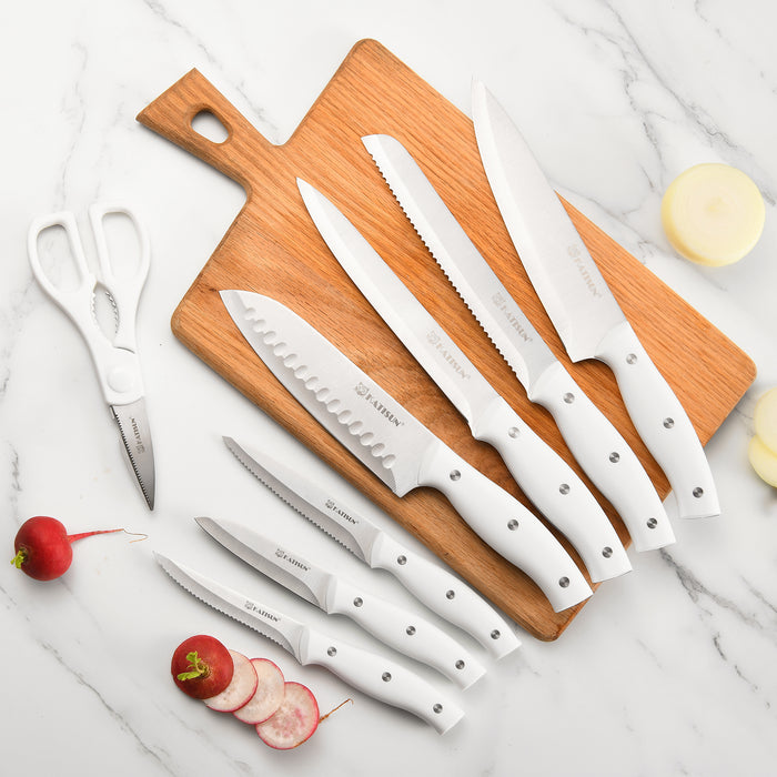 15-Piece White Kitchen Knife Set with Built-in Sharpening Stone, Ergonomic Triple Rivet Fixed Handles, Dishwasher Safe