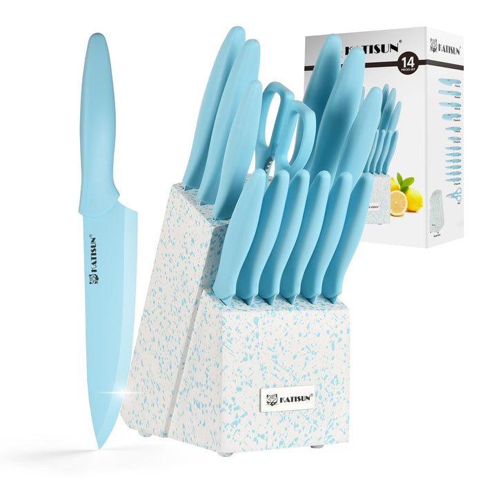 14 Piece Blue Coding Stainless Steel Knives Set, Anti-Rust and Dishwasher Safe, with Kitchen Shears and Block
