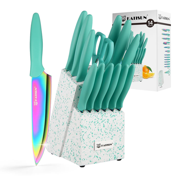 14 Piece Rainbow Titanium Coated Stainless Steel Knives Set, Anti-Rust and Dishwasher Safe, 12 Knives with Kitchen Shears and Block