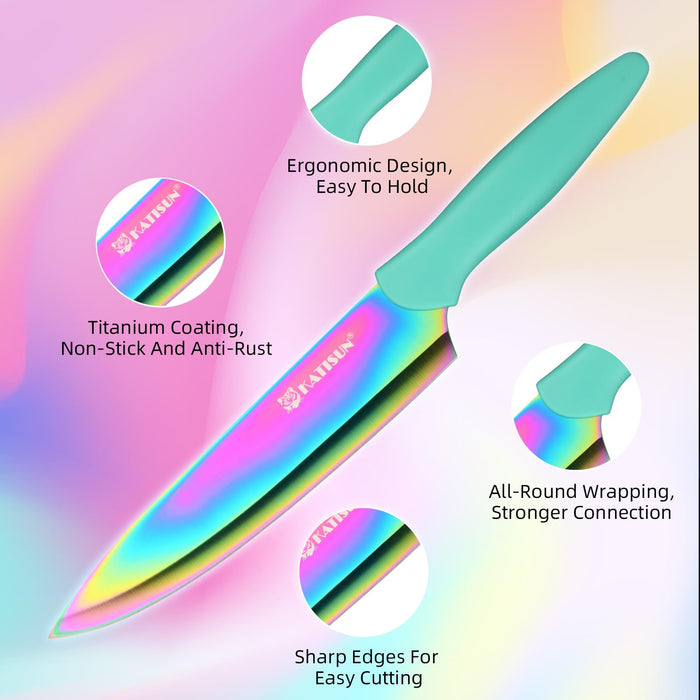 14 Piece Rainbow Titanium Coated Stainless Steel Knives Set, Anti-Rust and Dishwasher Safe, 12 Knives with Kitchen Shears and Block