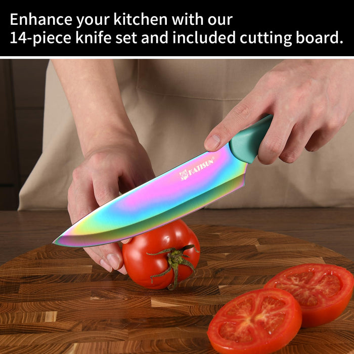 14 Piece Rainbow Titanium Coated Stainless Steel Knives Set, Anti-Rust and Dishwasher Safe, 12 Knives with Kitchen Shears and Block
