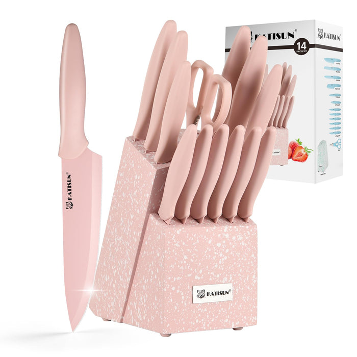 14 Piece Pink Color Coding Stainless Steel Knives Set, Anti-Rust and Dishwasher Safe, 12 Knives with Kitchen Shears and Block