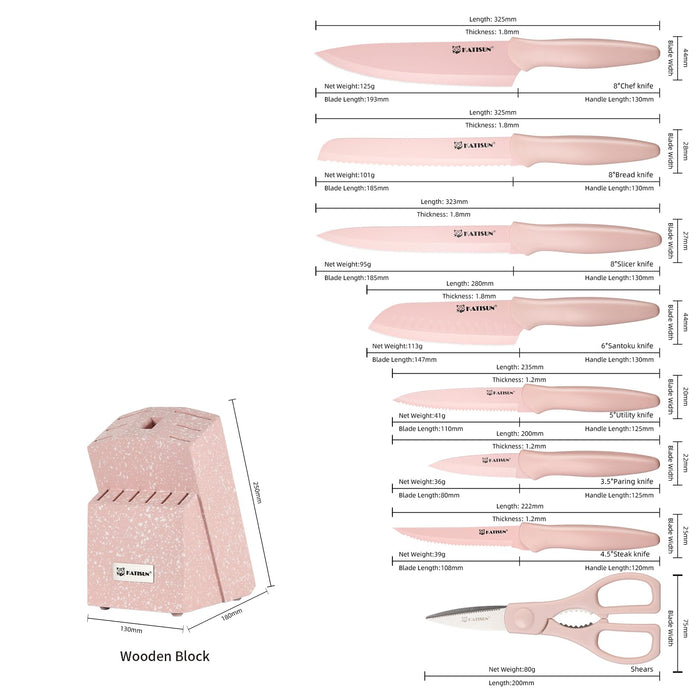 14 Piece Pink Color Coding Stainless Steel Knives Set, Anti-Rust and Dishwasher Safe, 12 Knives with Kitchen Shears and Block