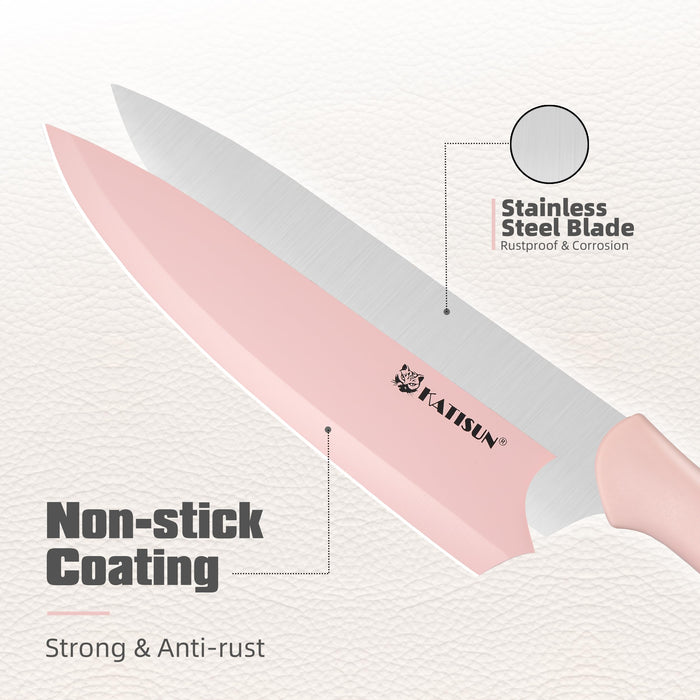 14 Piece Pink Color Coding Stainless Steel Knives Set, Anti-Rust and Dishwasher Safe, 12 Knives with Kitchen Shears and Block